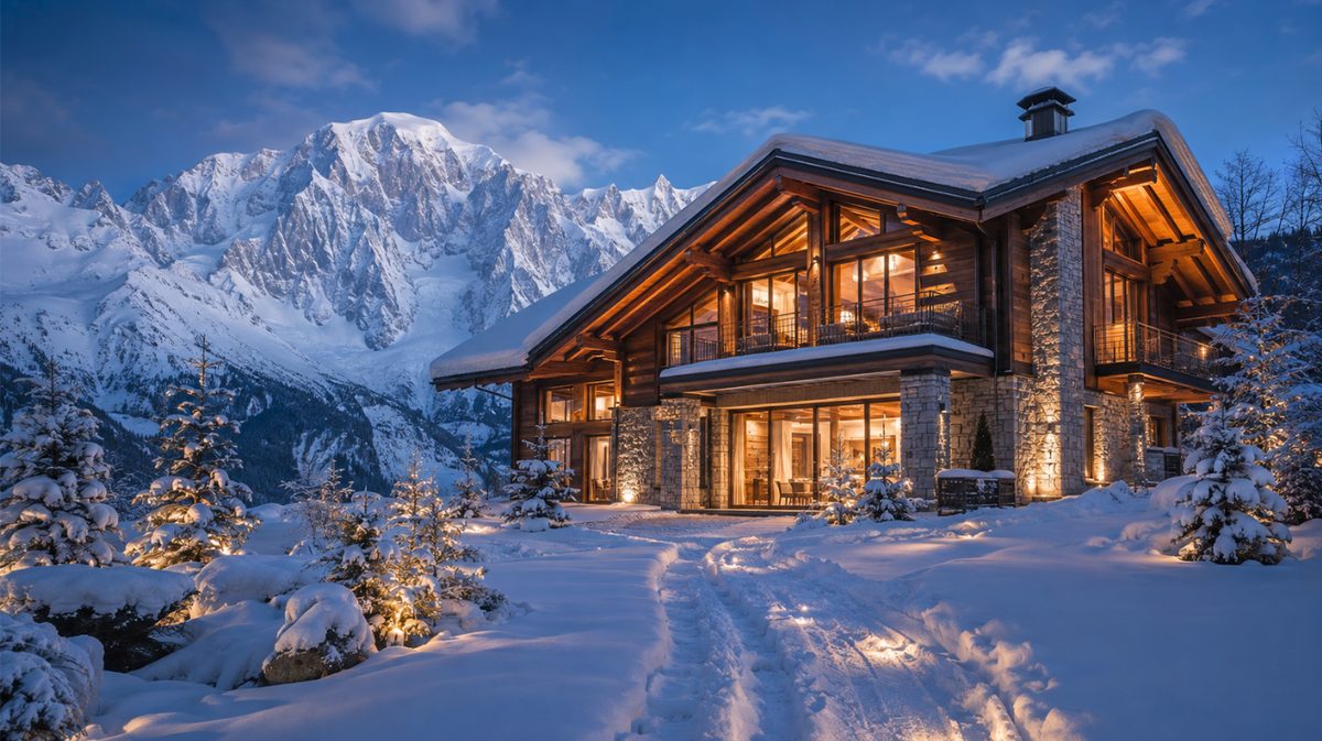 Verschneites Chalet mit warmem Licht vor dem Mont-Blanc-Massiv