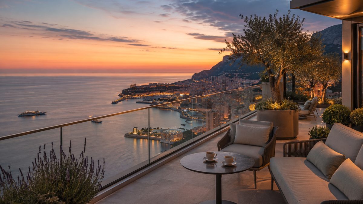 Terrasse hoch über Monaco mit Blick auf das abendliche Mittelmeer