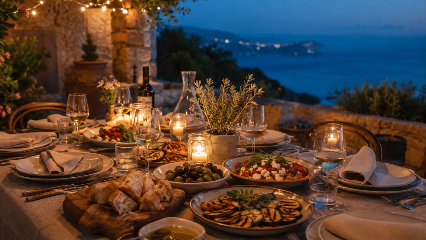 Festlich gedeckter Tisch am Abend auf einer mediterranen Terrasse mit Meerblick