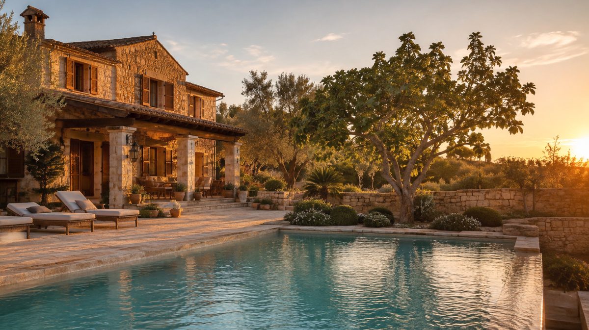 Natursteinfinca mit Pool auf Mallorca zur goldenen Stunde